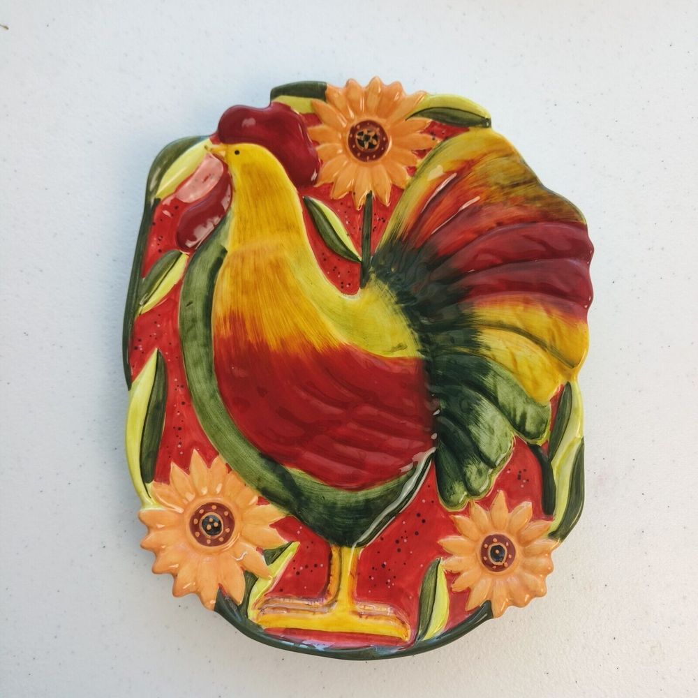 Oval plate with red‎ rooster and sunflower design hand painted by Artimino